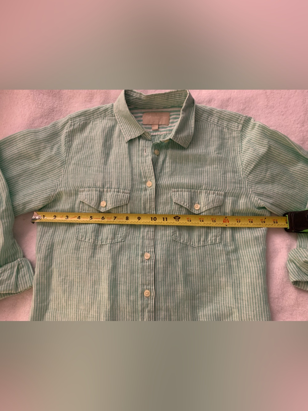 Banana Republic Soft Wash Linen Cotton Mint Green and White Pinstripe Shirt M - Picture 12 of 16